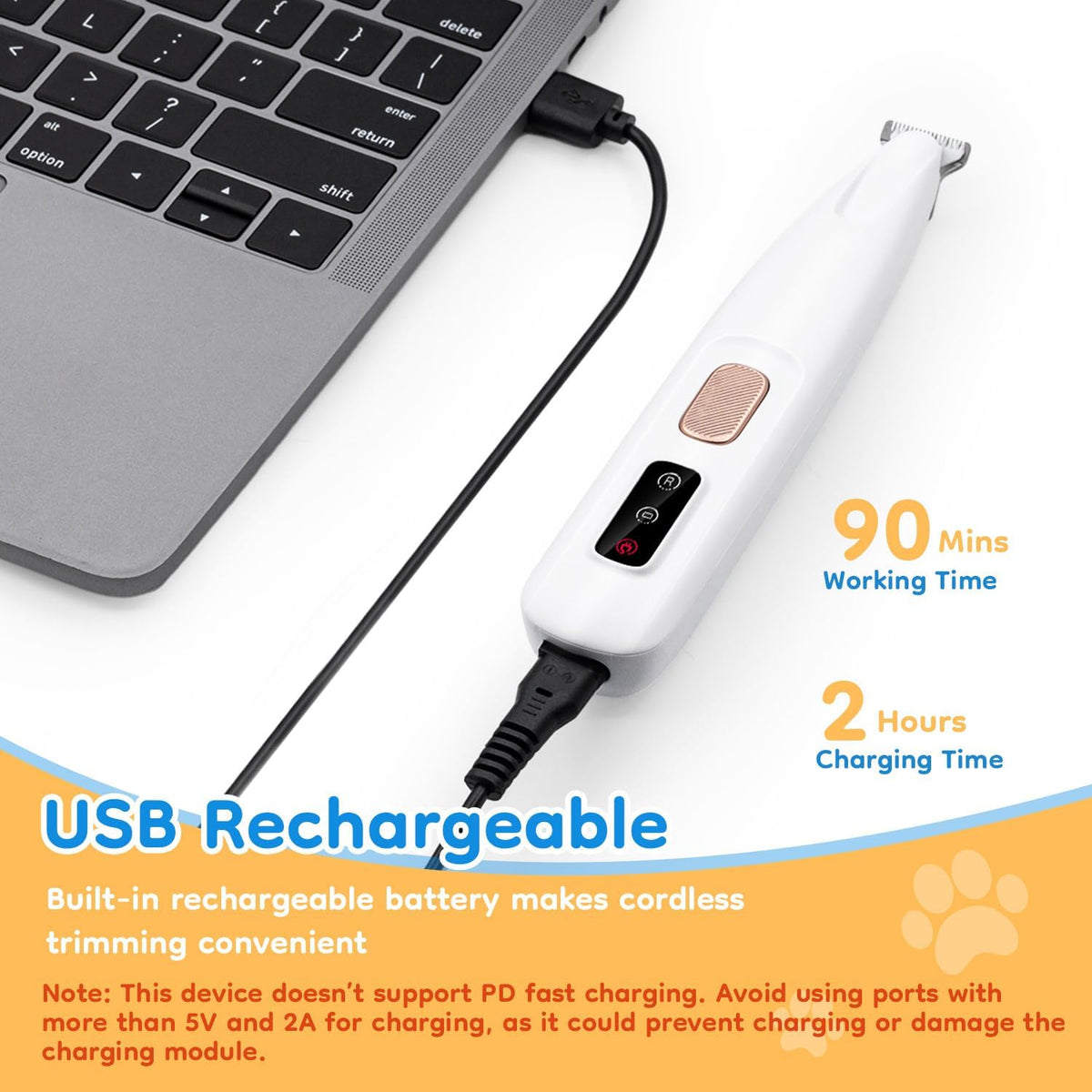 USB rechargeable pet trimmer showcasing the micro charging port and included connection cable