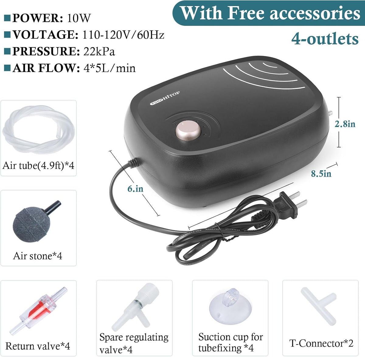 Hitop 10W quiet fish tank aerator with included accessories kit