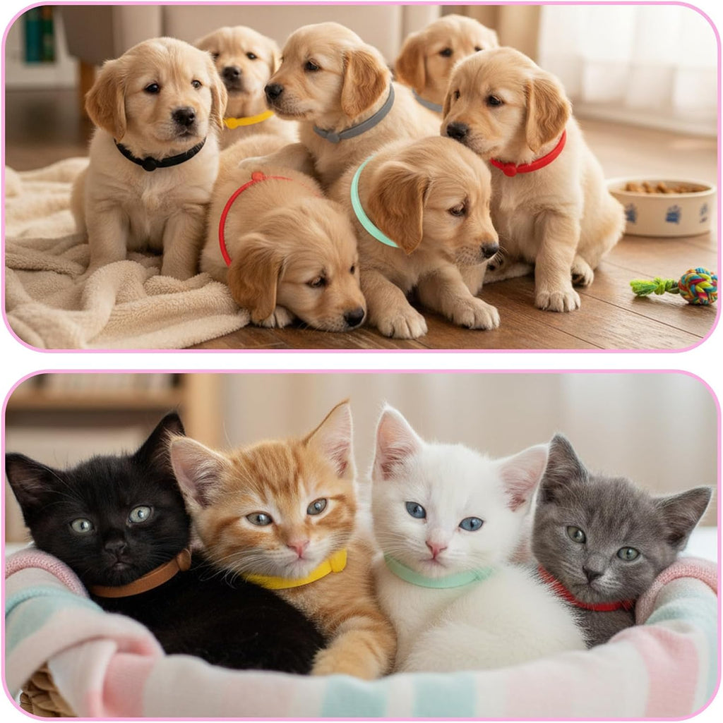 Sixty pieces of colored puppy identification loops arranged neatly to display the diverse tracking color options.
