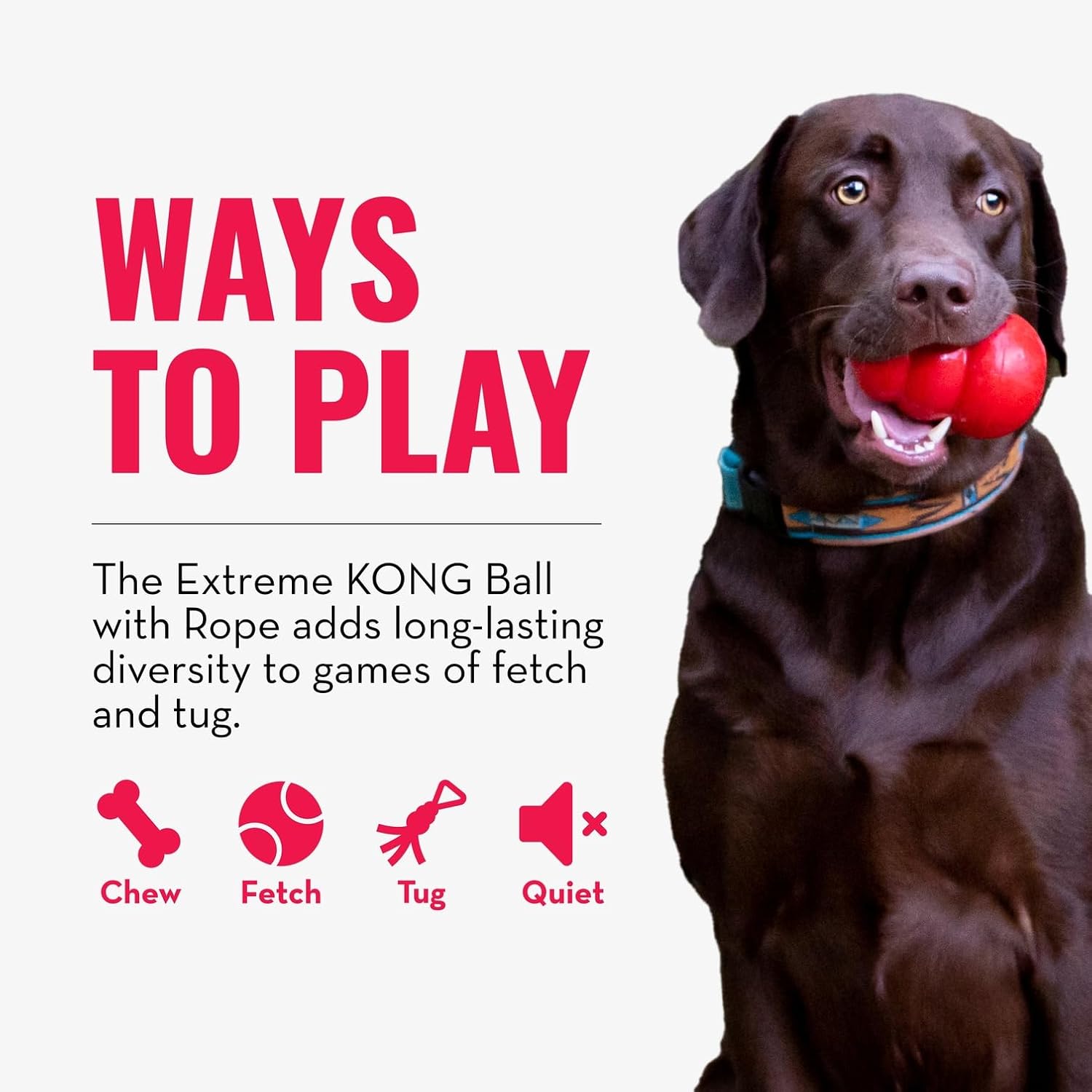 KONG brand black natural rubber ball with attached chewing rope side profile