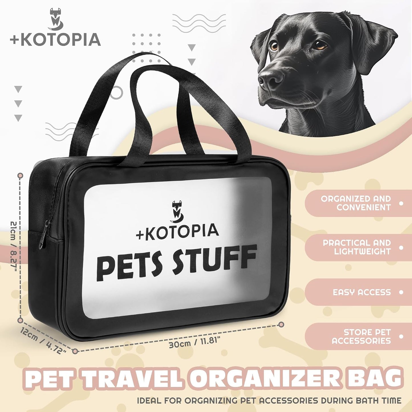 Compact pet grooming tote bag with zipper detail