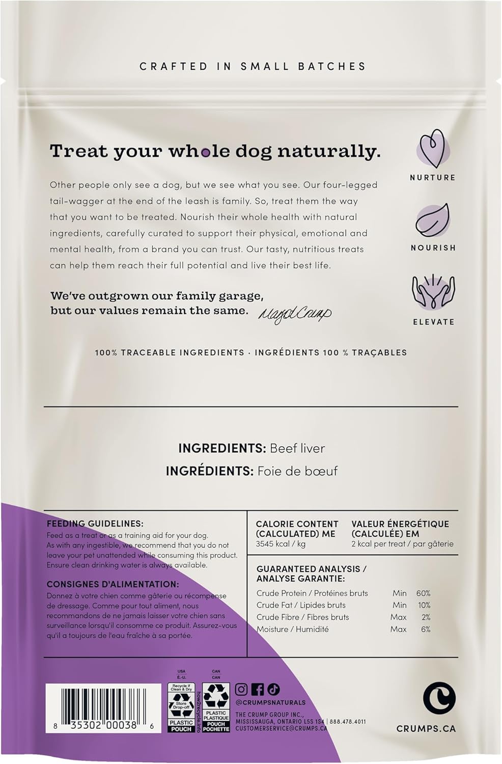 Crumps' Naturals freeze-dried single ingredient dog treats back label