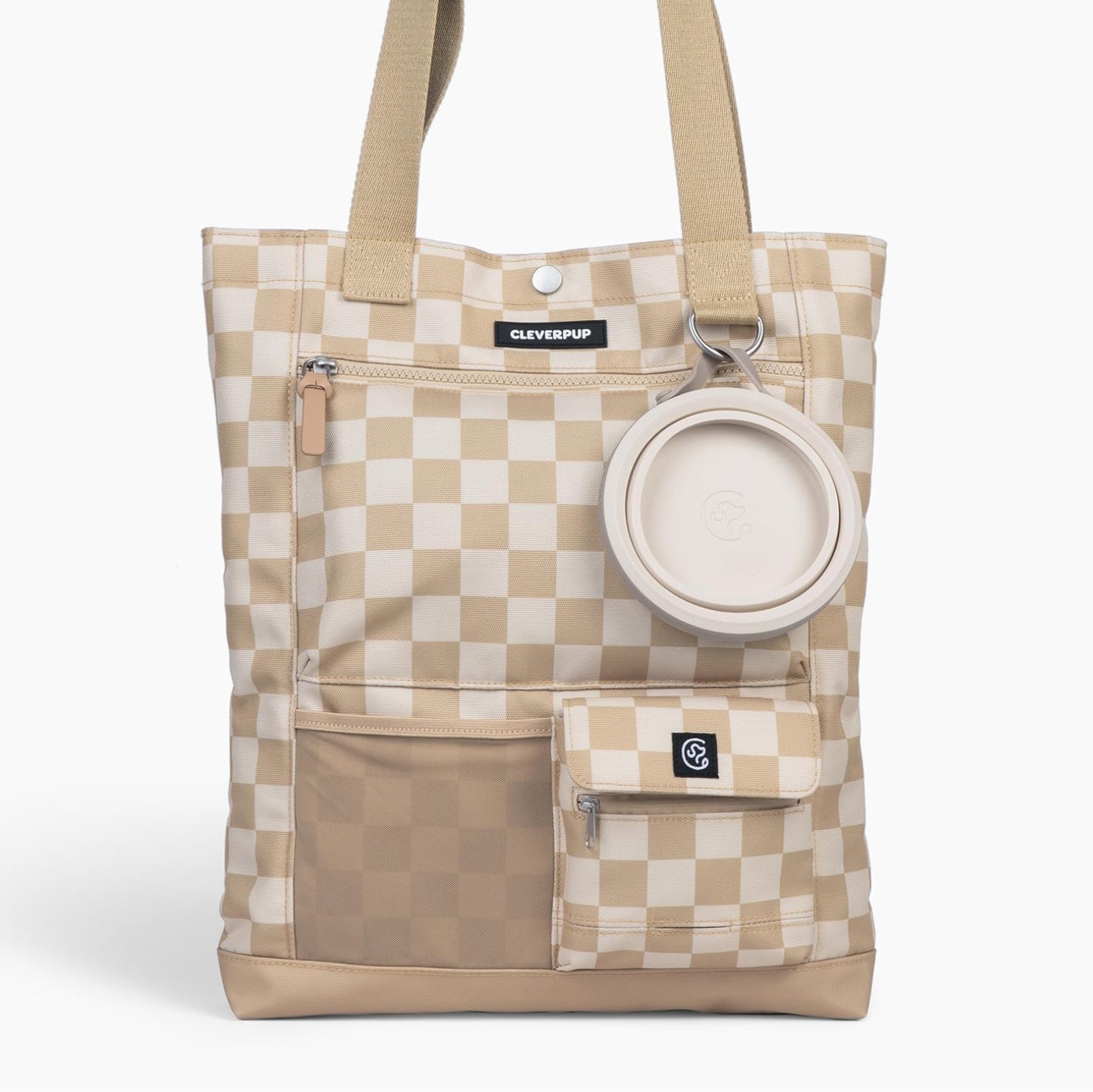 Cleverpup Park Pack dog gear tote front view checkerboard travel bag for pets.