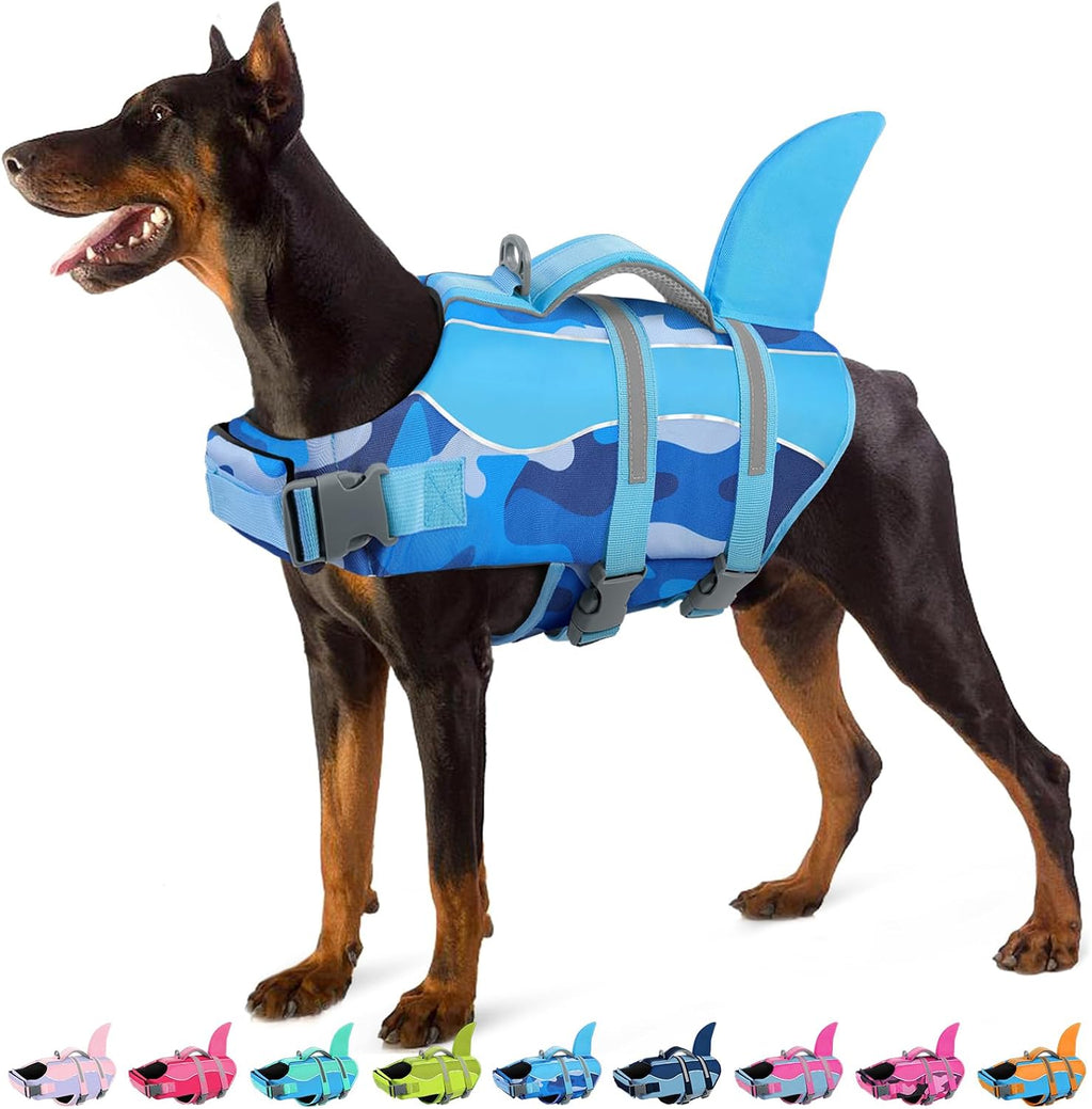 SUNFURA shark dog life jacket front view showcasing secure chest buckle system.
