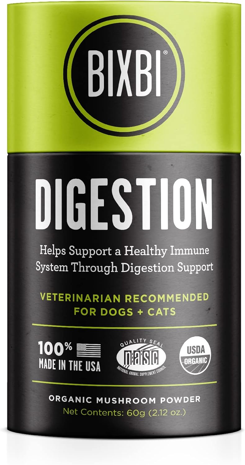 Packaging details and quality assurance seals on Bixbi pet supplement bottle