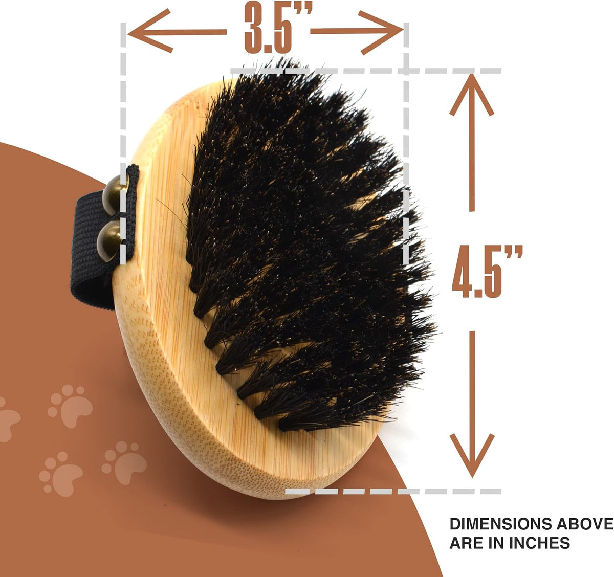 Close contact pet brush being held on a hand to demonstrate how it mimics a natural petting motion.