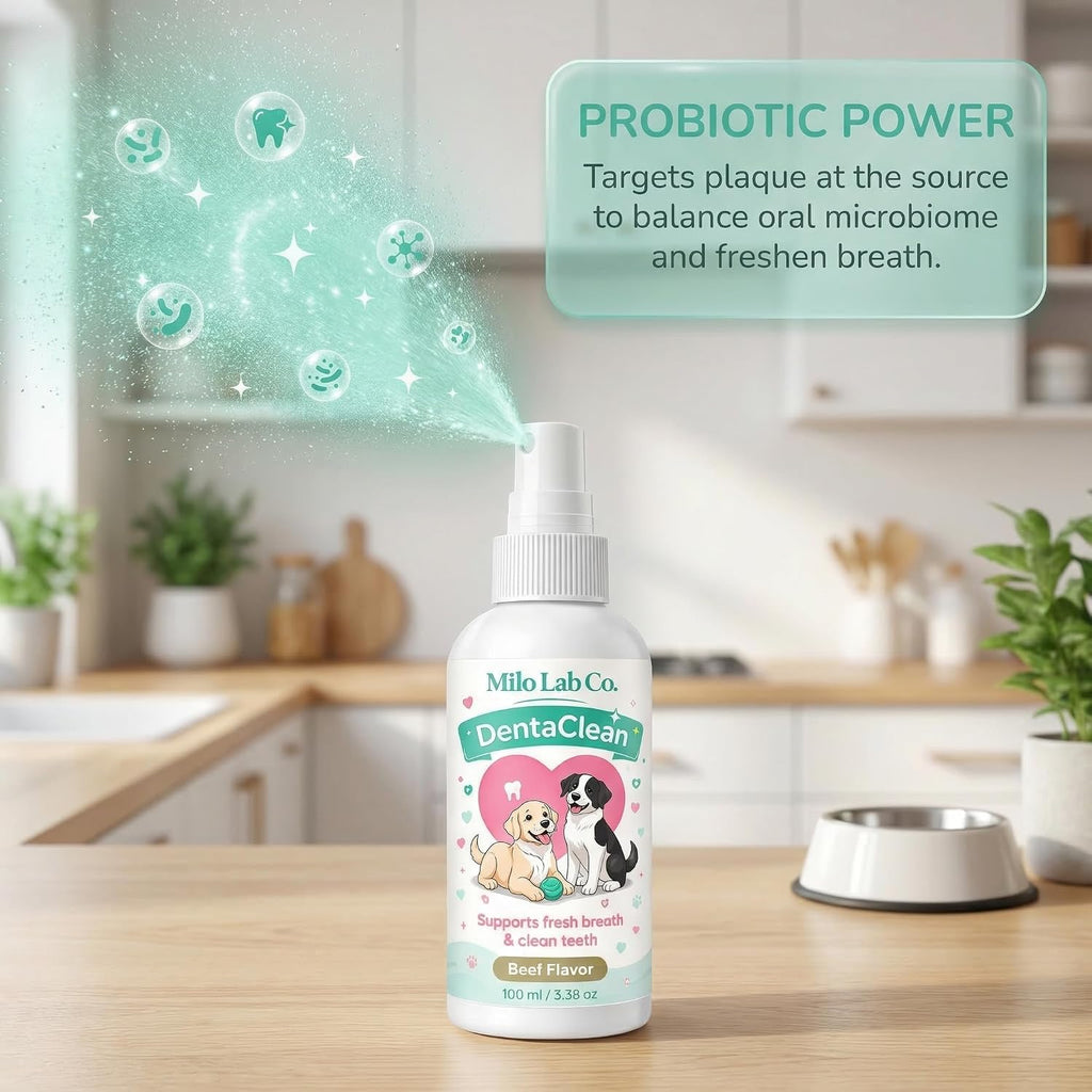 Milo Lab Co pet oral care spray showing ingredients and directions