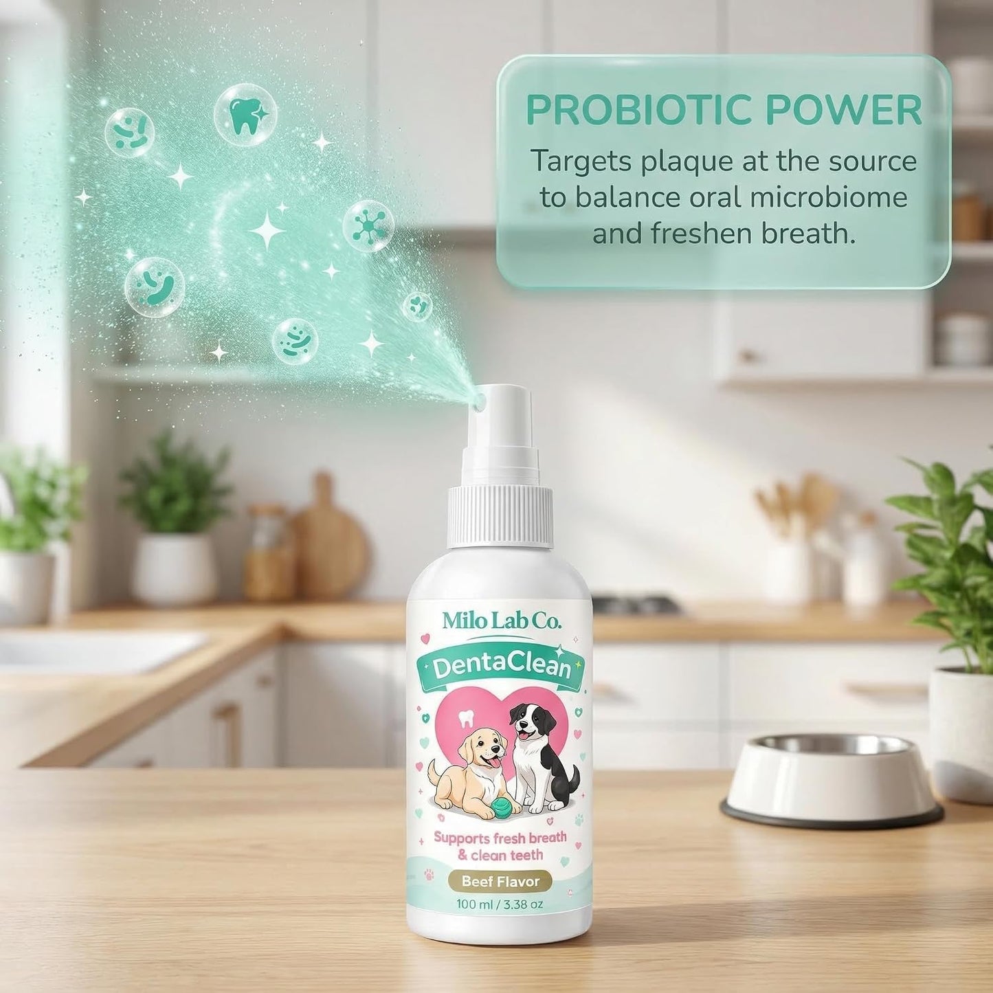 Milo Lab Co pet oral care spray showing ingredients and directions
