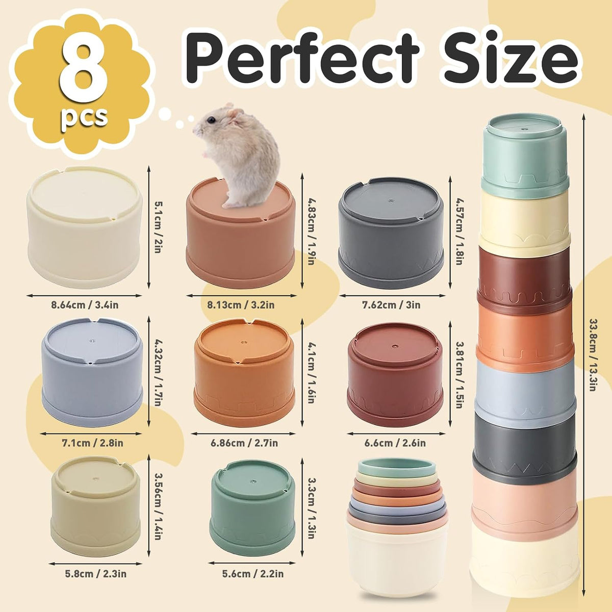 A complete eight piece set of small animal nesting cups arranged neatly from largest to smallest diameter.