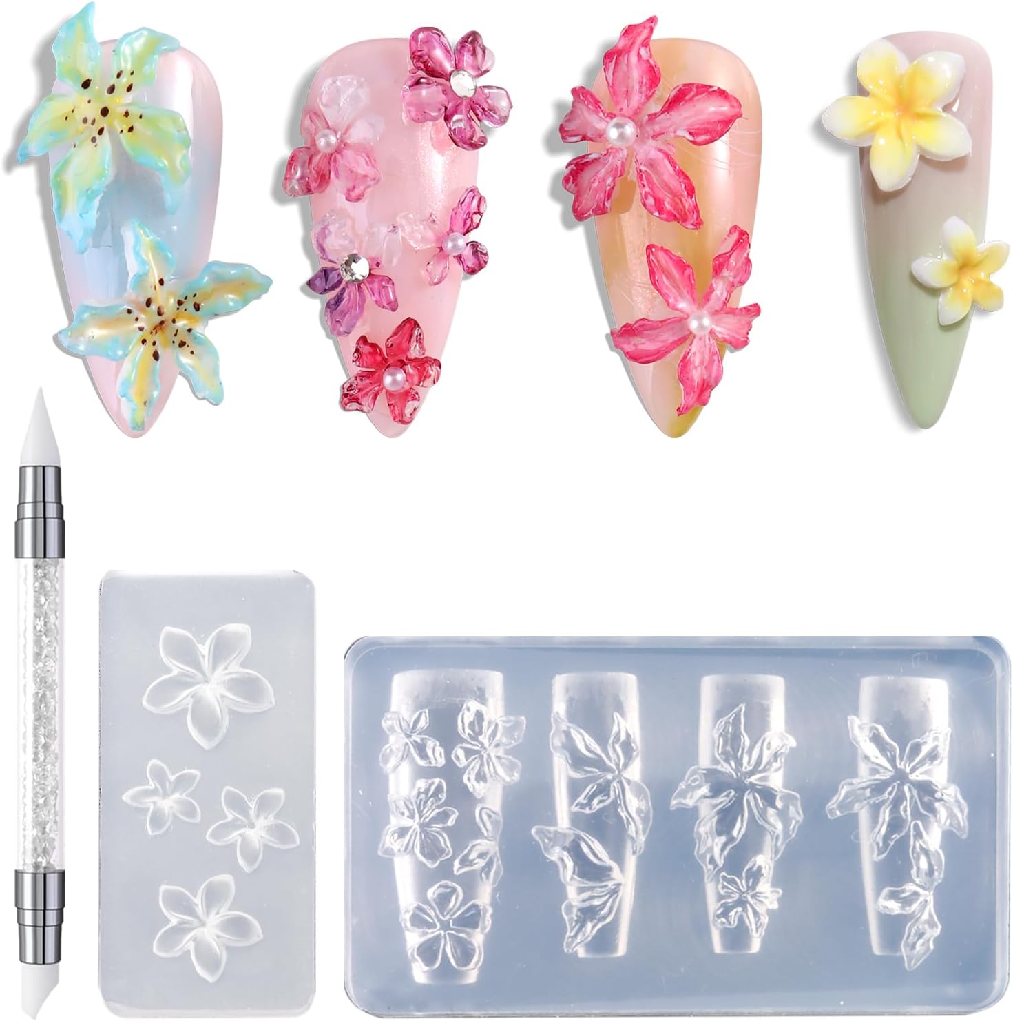 FSpronail silicone nail molds front view displaying clear three dimensional flower cavities