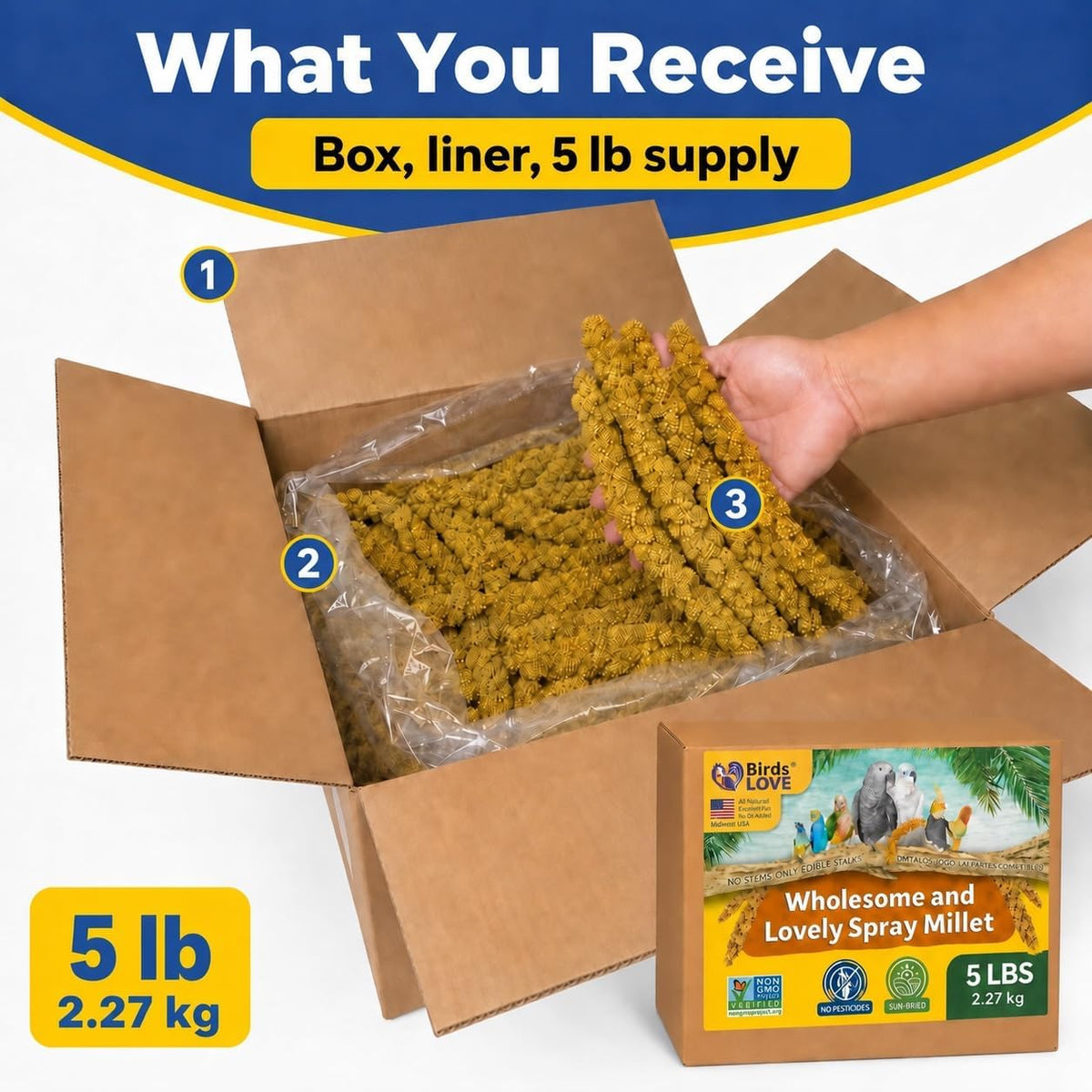 Birds LOVE non-GMO spray millet packaging and label
