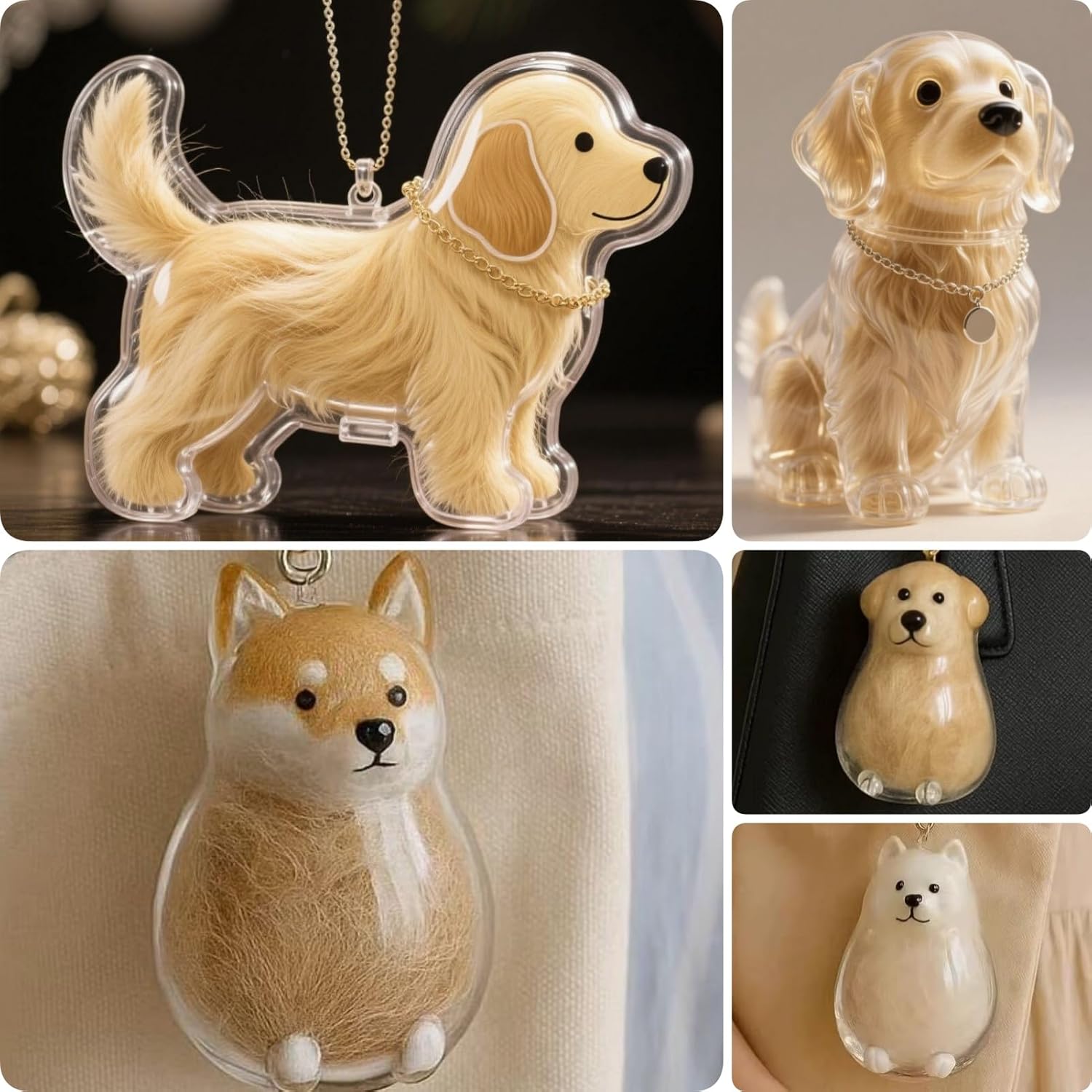 Transparent acrylic pet loss remembrance pendant clipped onto a handbag accessory
