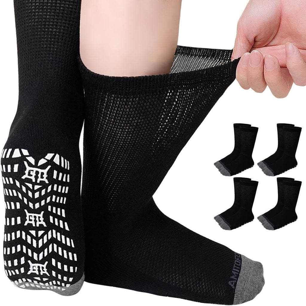 CaiDieNu non slip diabetic socks front view showcasing the black crew length design