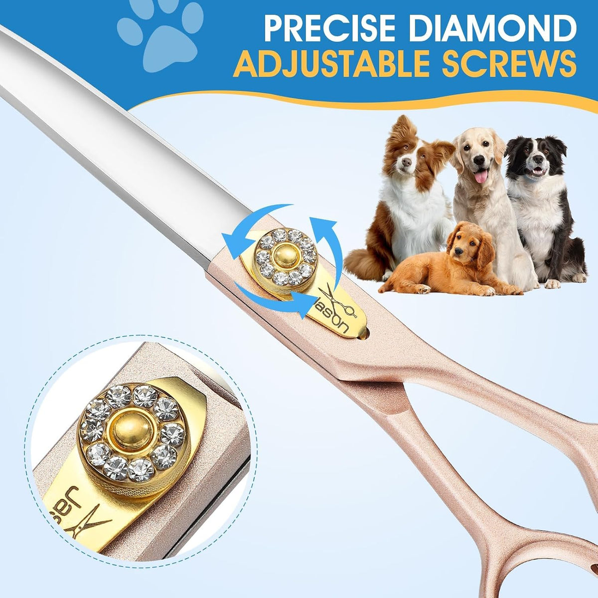 Ergonomic handle of JASON dog grooming shears in rose gold