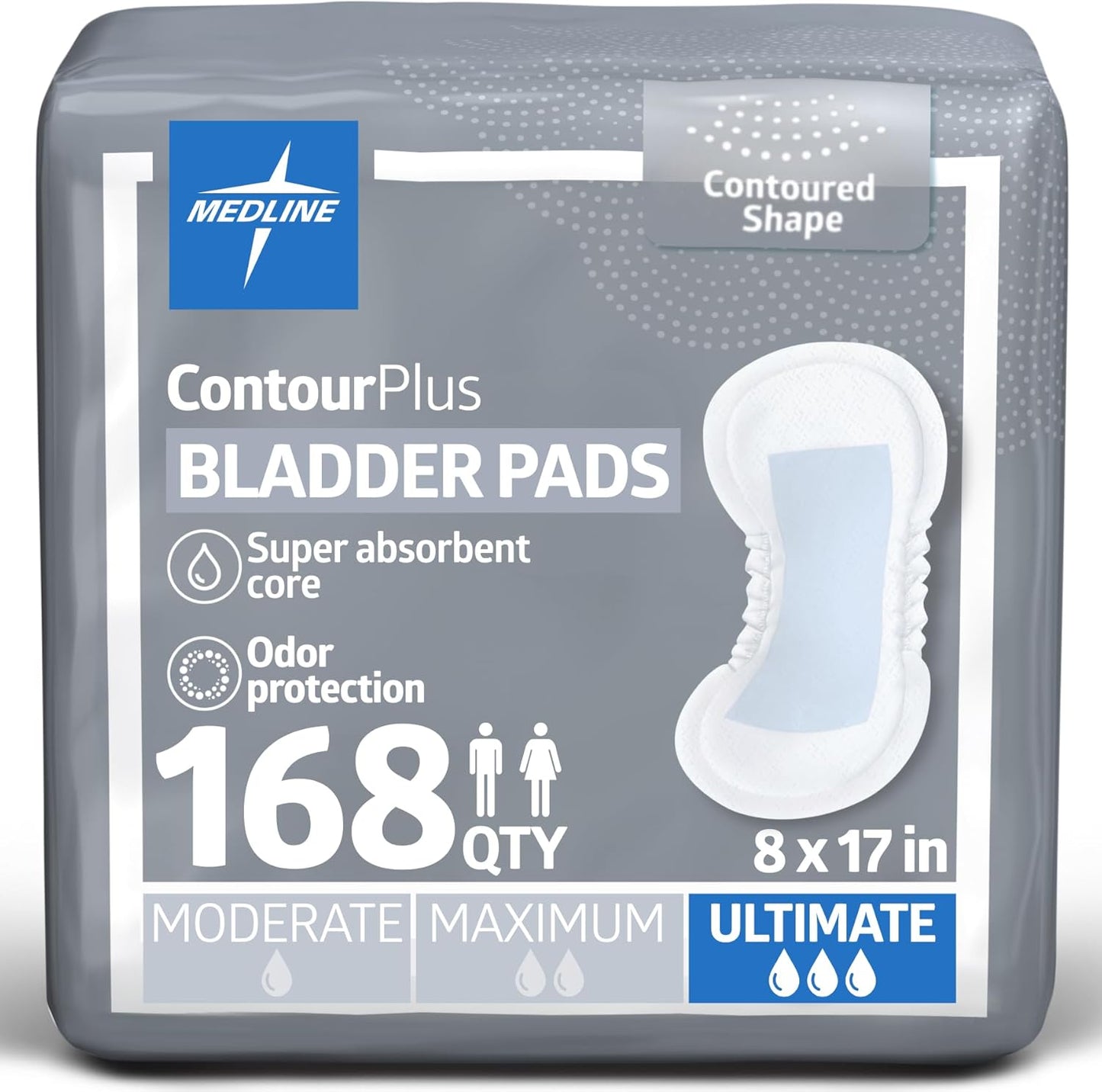 Medline ContourPlus Bladder Control Pads front packaging 168 count for ultimate absorbency.