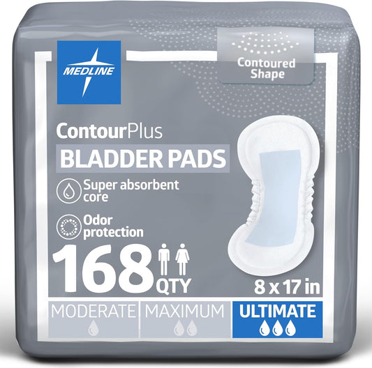 Medline ContourPlus Bladder Control Pads front packaging 168 count for ultimate absorbency.