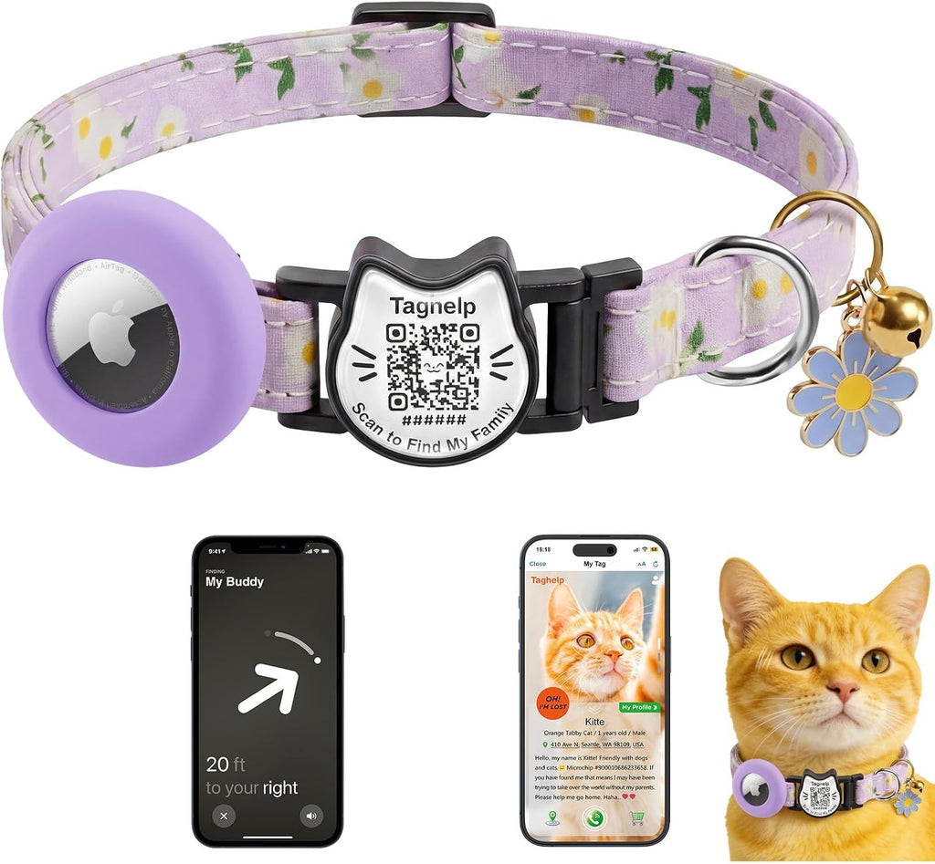 Cute Floral Breakaway Cat Collar with QR Code ID, Cotton Kitten Collar with Bell & AirTag Holder, Adjustable Safety Collar for Cats,Pastoral Style with airtag Holder(Pink) - Image 10