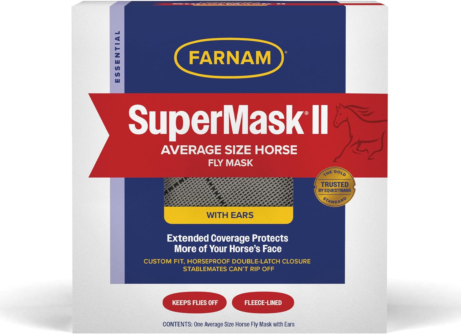Farnam SuperMask II Horse Fly Mask WITH EARS, Extended Coverage Equine Fly Protection, Protects Eyes from Insects, Debris & UV, Adjustable Throat Latch, Plush Fleece Trim, Average Size - Image 2