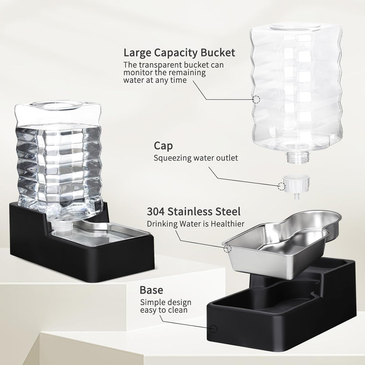 Large capacity gravity fed dog water station for multi pet households