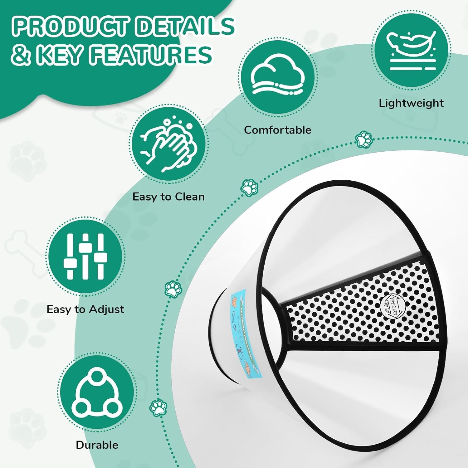 Comfortable lightweight dog e collar with soft white fabric protective edges