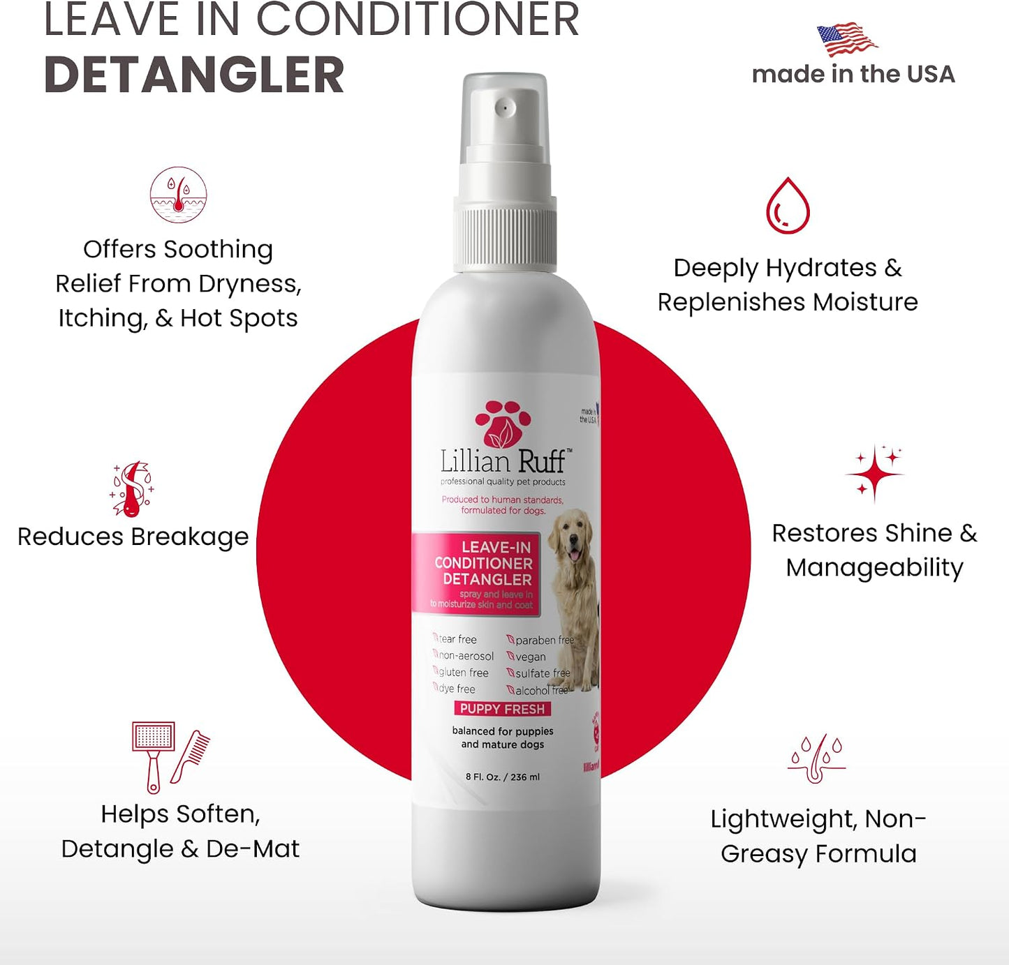 Lillian Ruff detangler spray for matted dog hair showing bottle packaging