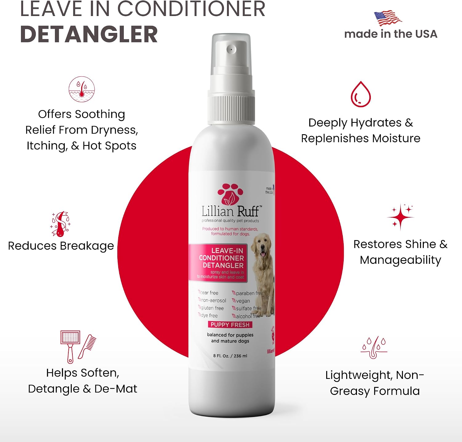 Lillian Ruff detangler spray for matted dog hair showing bottle packaging
