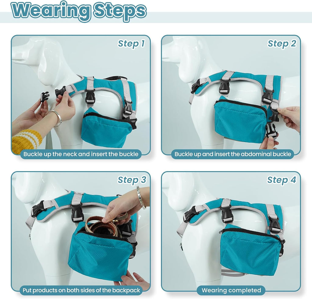Detachable dog harness feature showing the backpack sections separated from the chest strap