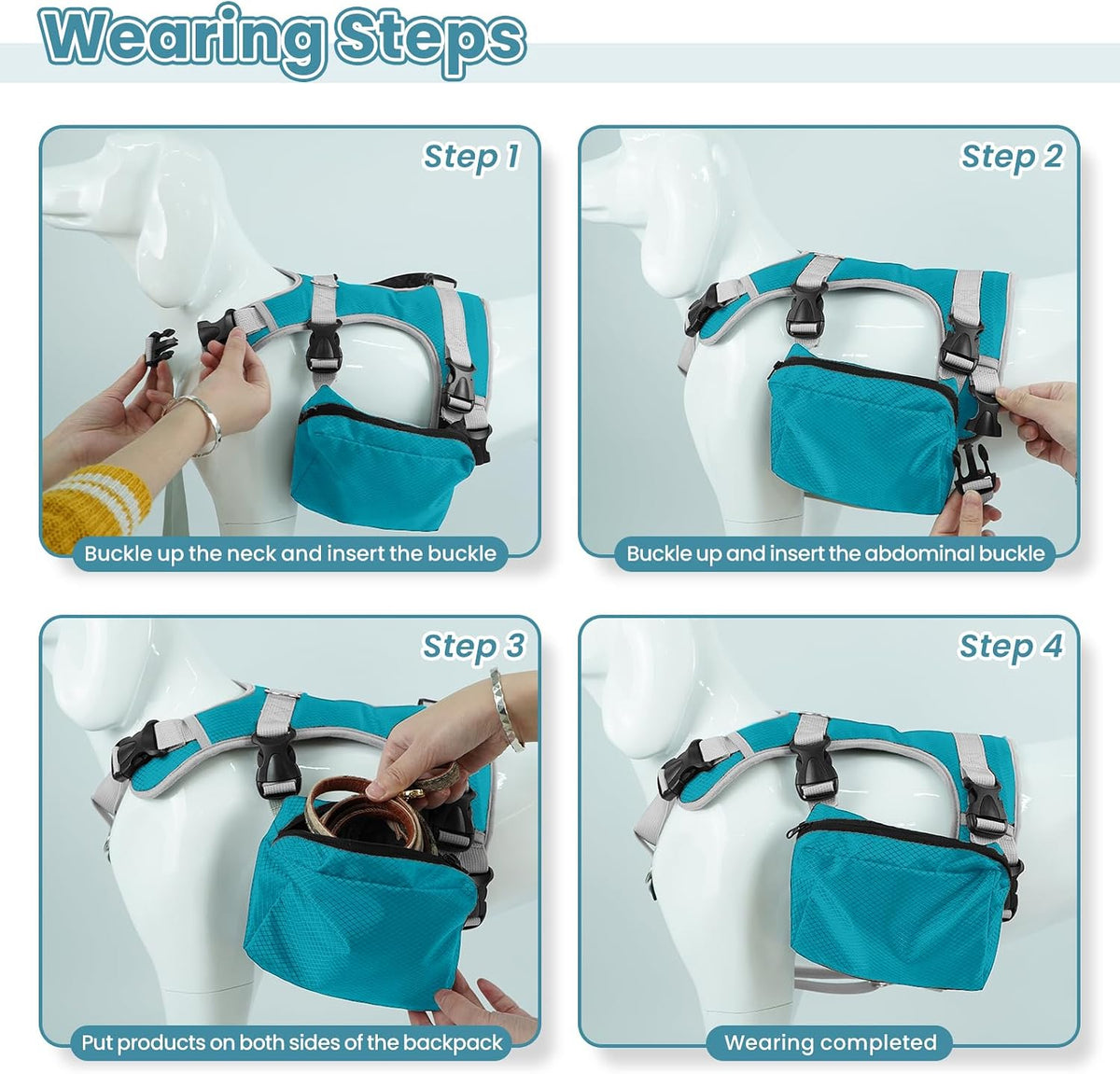Detachable dog harness feature showing the backpack sections separated from the chest strap