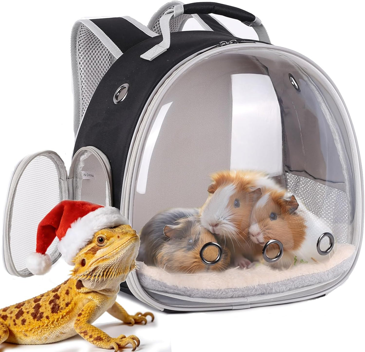 Bearded Dragon Travel Carrier Backpack,Lizard Backpack Carrier,Space Capsule Clear Bubble Window Astronaut Reptile Carrier Backpack for Guinea Pig,Sugar Glider,Bunny (Black, TPU Carrier+MAT) - Image 8
