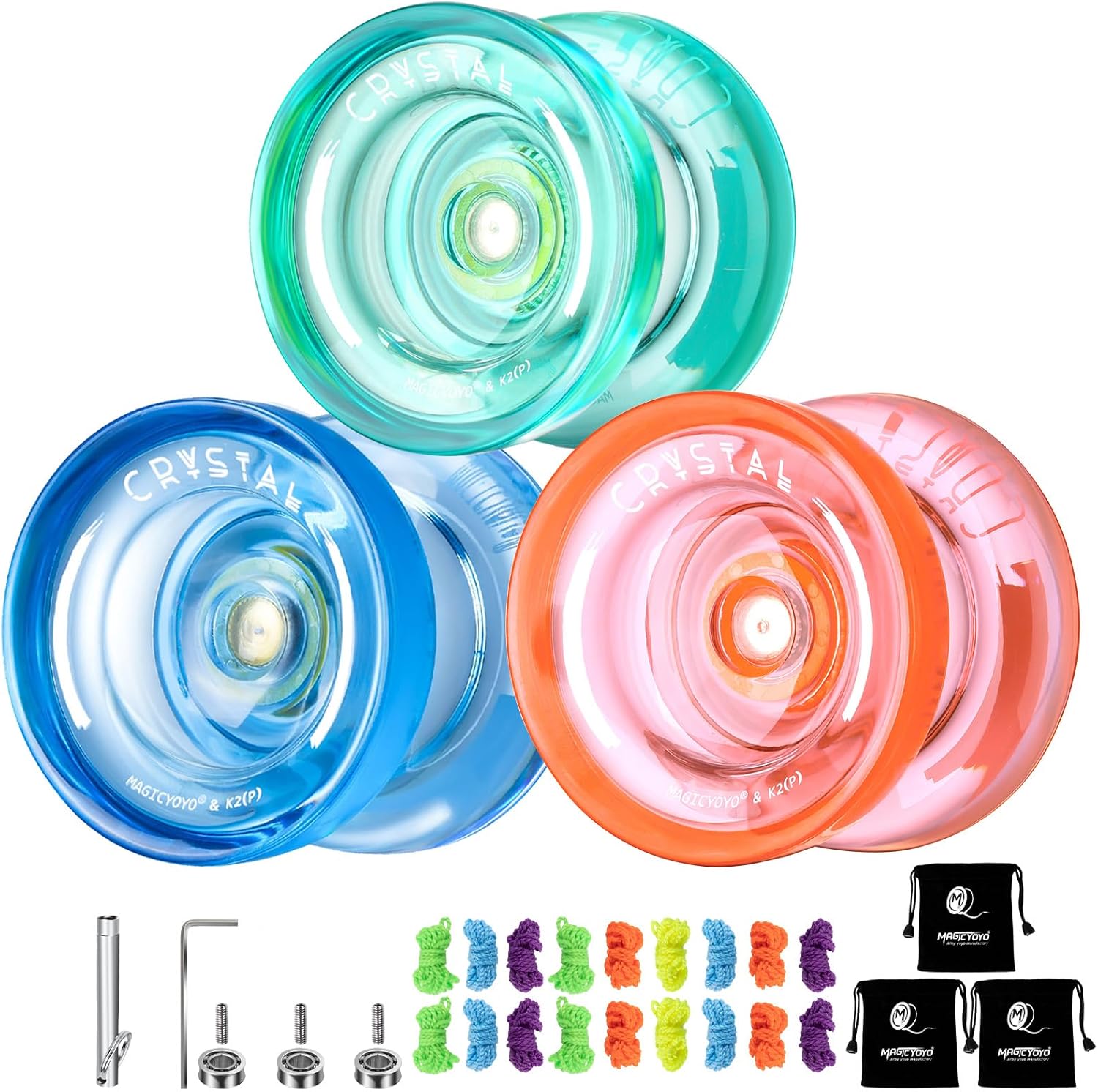 MAGICYOYO K2 Crystal Yoyo Pack of Three front view showcasing green blue and orange translucent bodies.