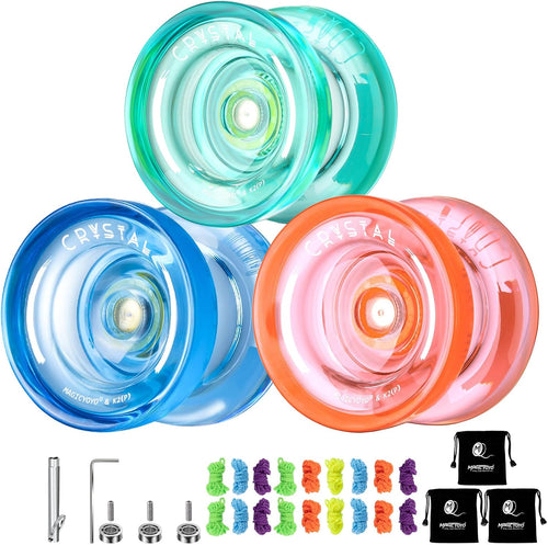 MAGICYOYO K2 Crystal Yoyo Pack of Three front view showcasing green blue and orange translucent bodies.