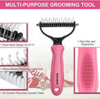 Whoobell pet deshedding tool showing ergonomic pink handle
