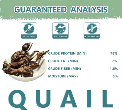 Premium single ingredient raw pet food topper showing freeze dried quail pieces