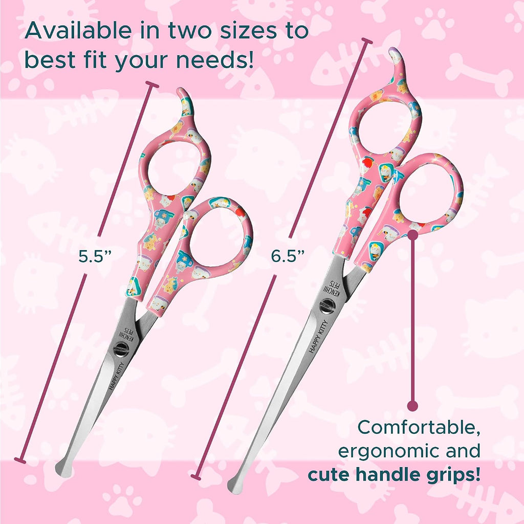 Side profile of Kenchii cat grooming scissors with kitty handle pattern