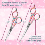 Side profile of Kenchii cat grooming scissors with kitty handle pattern