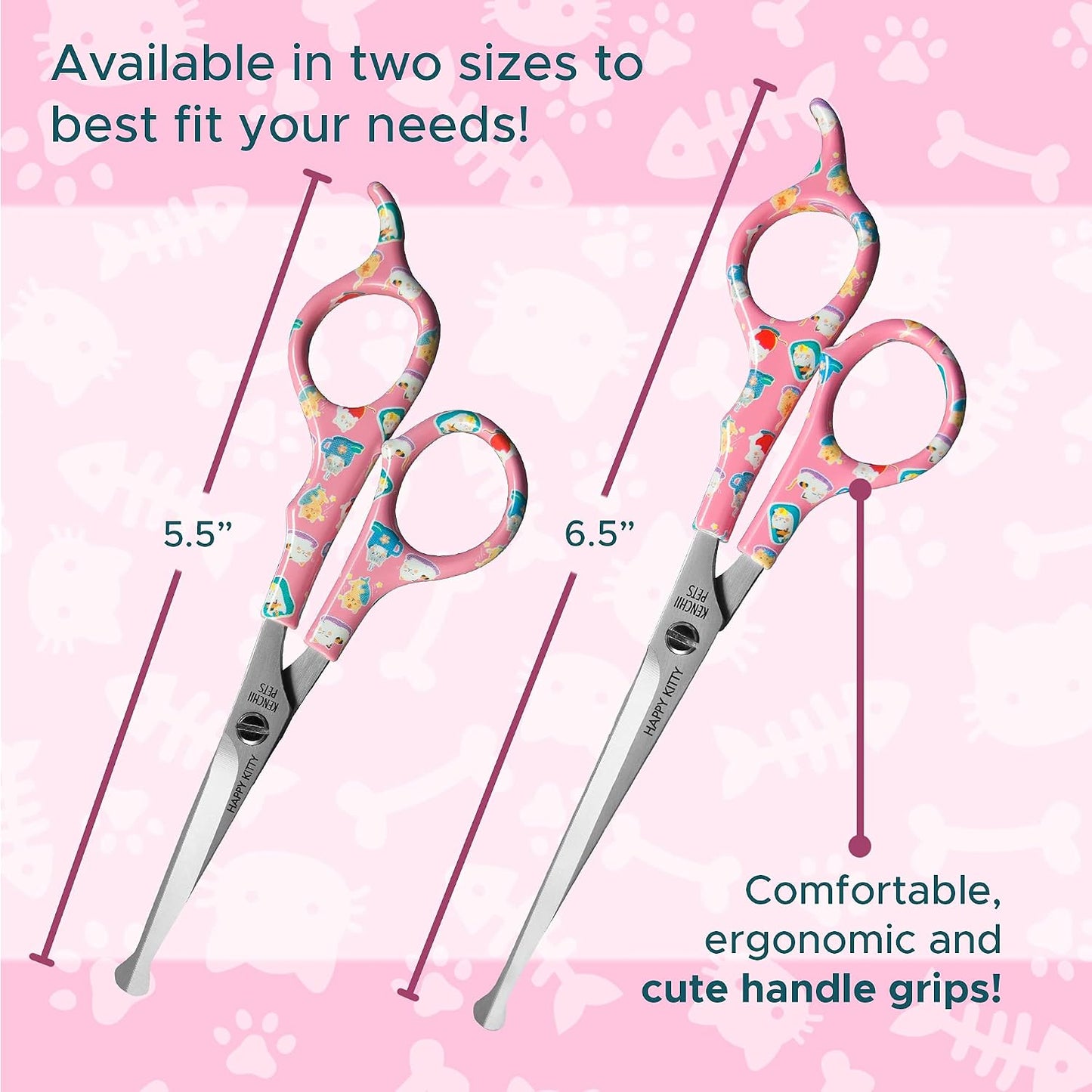 Side profile of Kenchii cat grooming scissors with kitty handle pattern