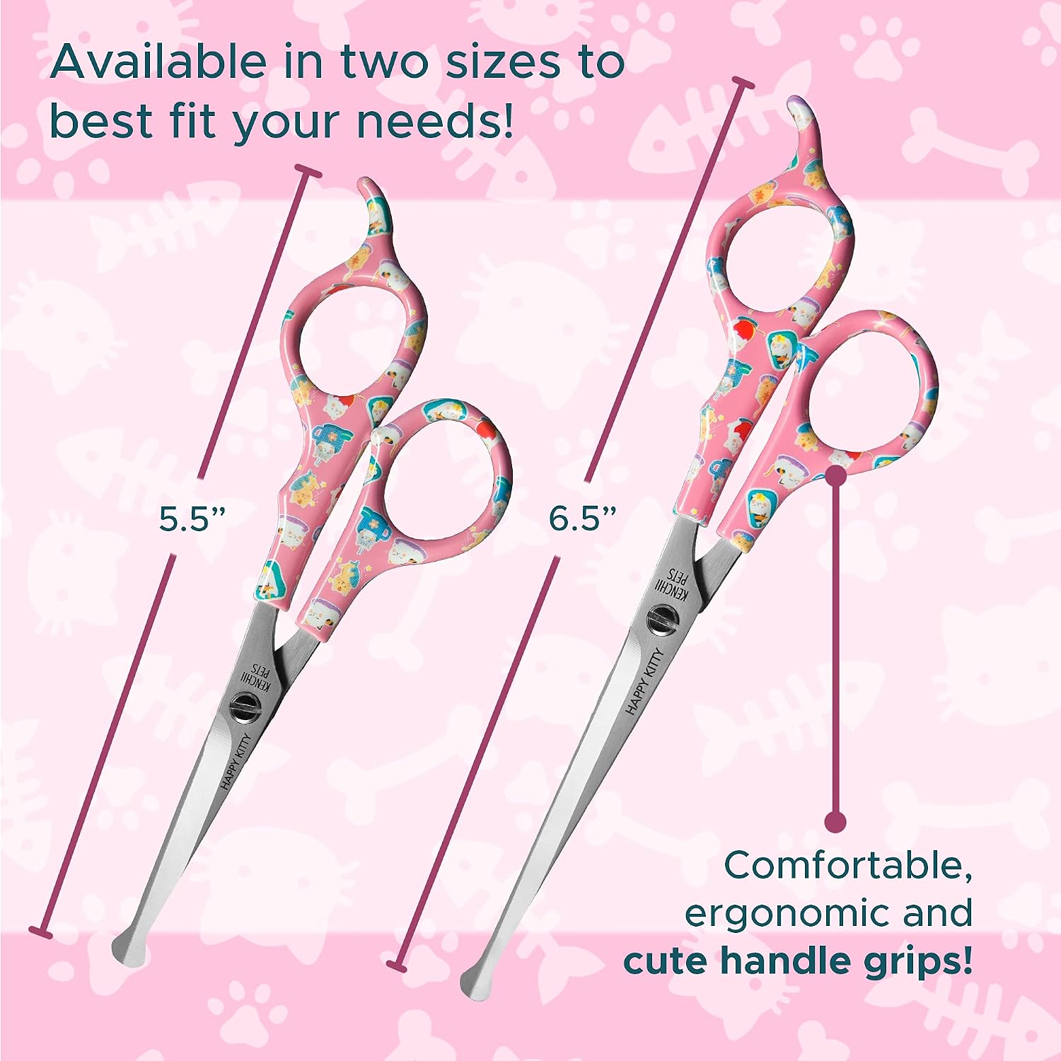 Side profile of Kenchii cat grooming scissors with kitty handle pattern