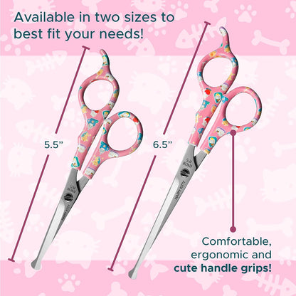 Side profile of Kenchii cat grooming scissors with kitty handle pattern