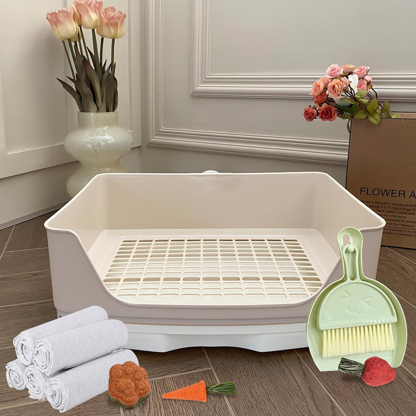 Yuoaes bunny litter box with included absorbent liners and chew toys