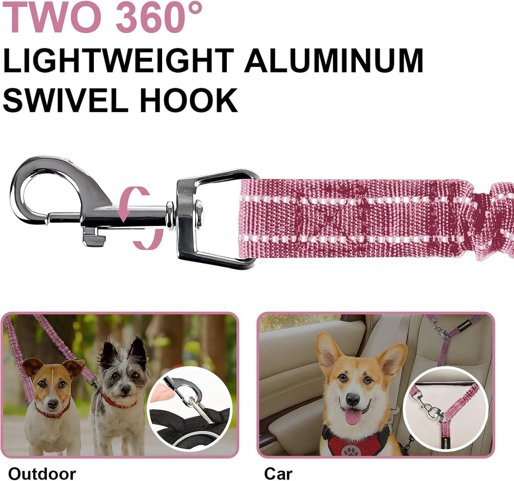 Shock absorbing bungee detail on pink double dog leash