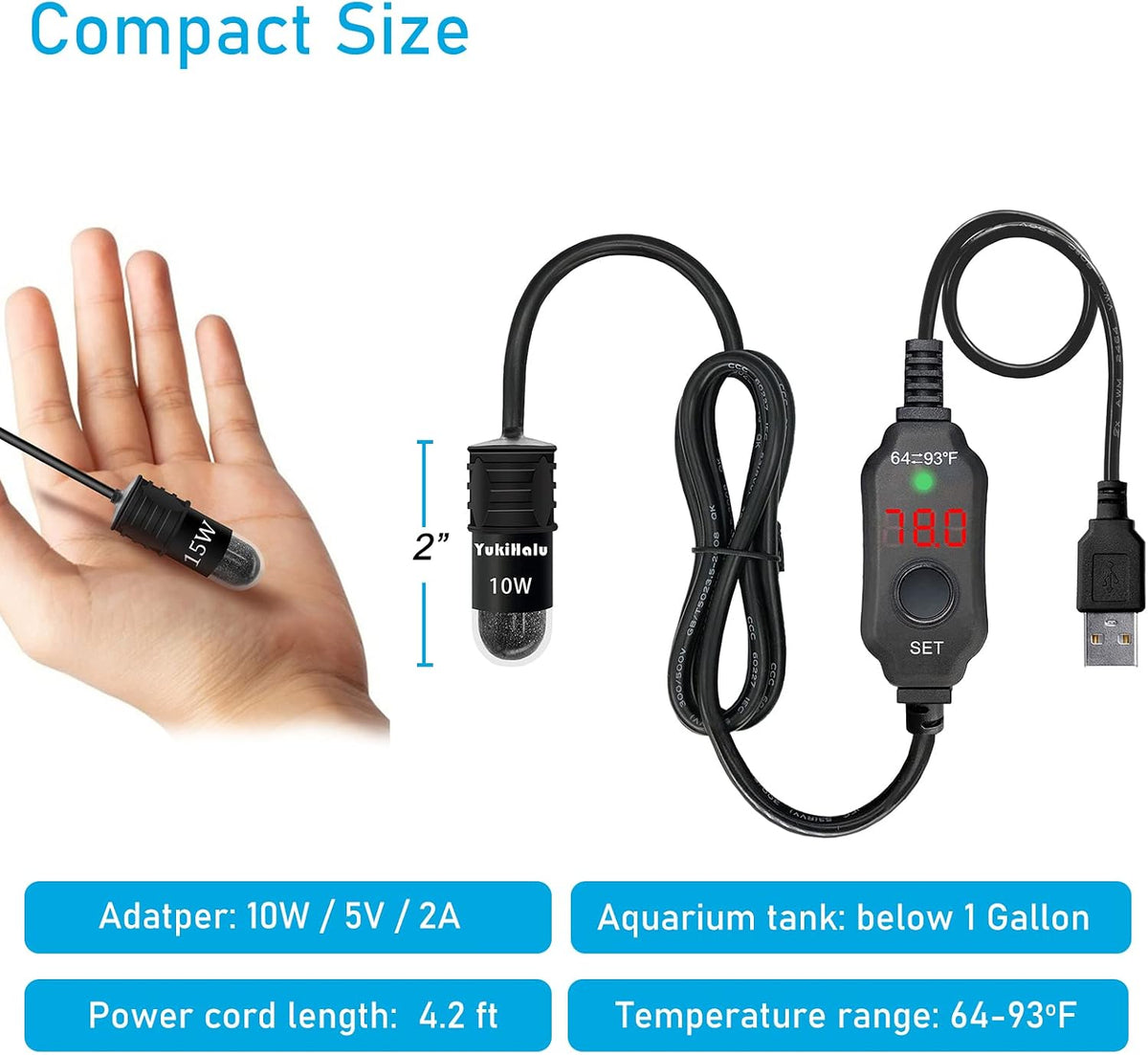 YukiHalu 10W mini fish tank heater digital LED display close-up