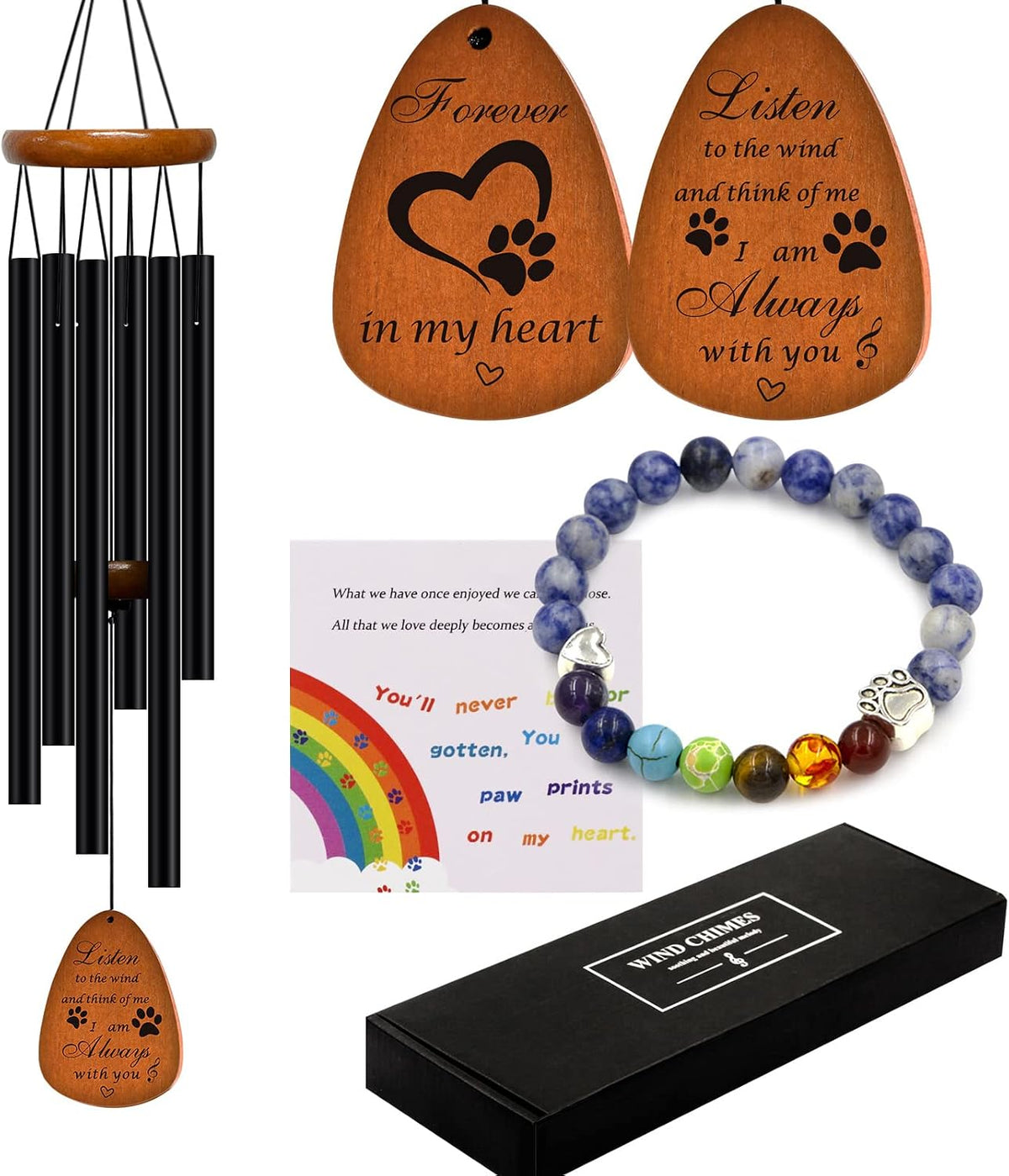 Full set layout including chimes bracelet and sympathy card