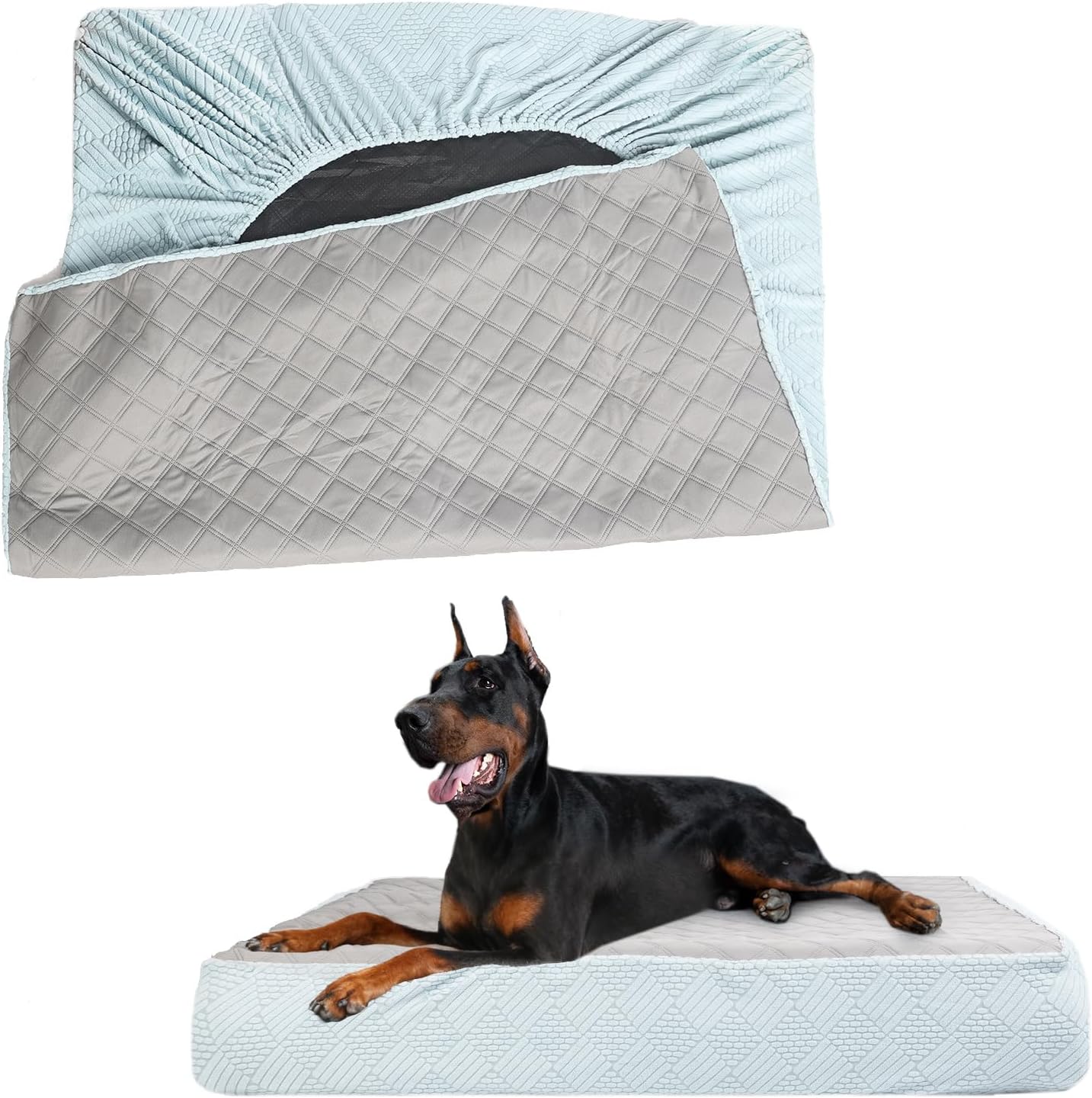 Necesitar waterproof dog bed replacement cover front view showing grey quilted surface
