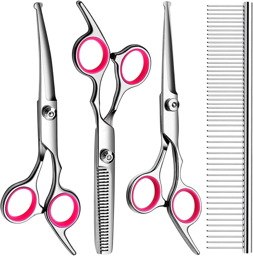 FAIGEO Dog Grooming Scissors with Safety Round Tips Stainless Steel Professional Dog Grooming Kit - Thinning, Curved Scissors and Comb for Cat Pet (Pink 4 in 1) - Image 9
