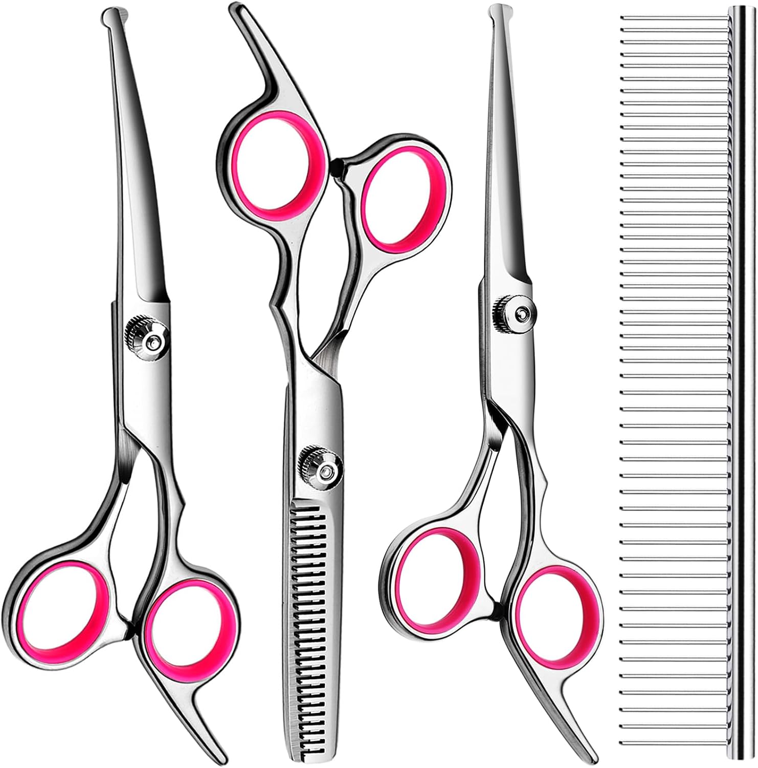 FAIGEO Dog Grooming Scissors with Safety Round Tips Stainless Steel Professional Dog Grooming Kit - Thinning, Curved Scissors and Comb for Cat Pet (Pink 4 in 1) - Image 9