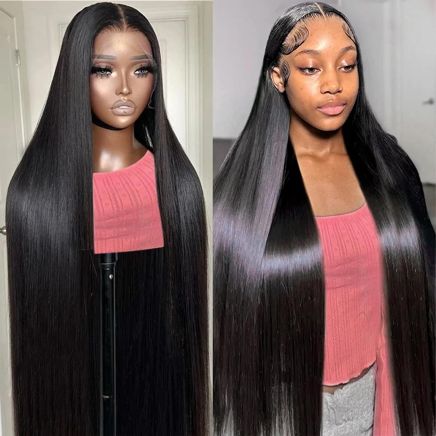 RSSMALL 30 Inch 13x6 Lace Front Human Hair Wig front view showing long straight black hair
