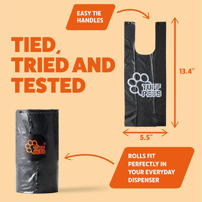 Tuff Pets compact roll fitting into a standard dog poop bag dispenser.
