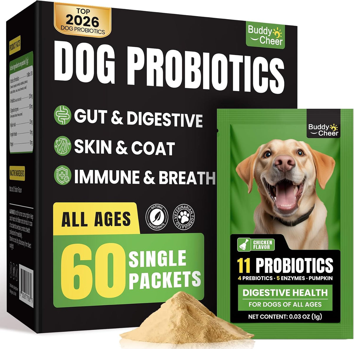 BuddyCheer Dog Probiotics Powder front view of box showing 60 packets for canine digestive health.