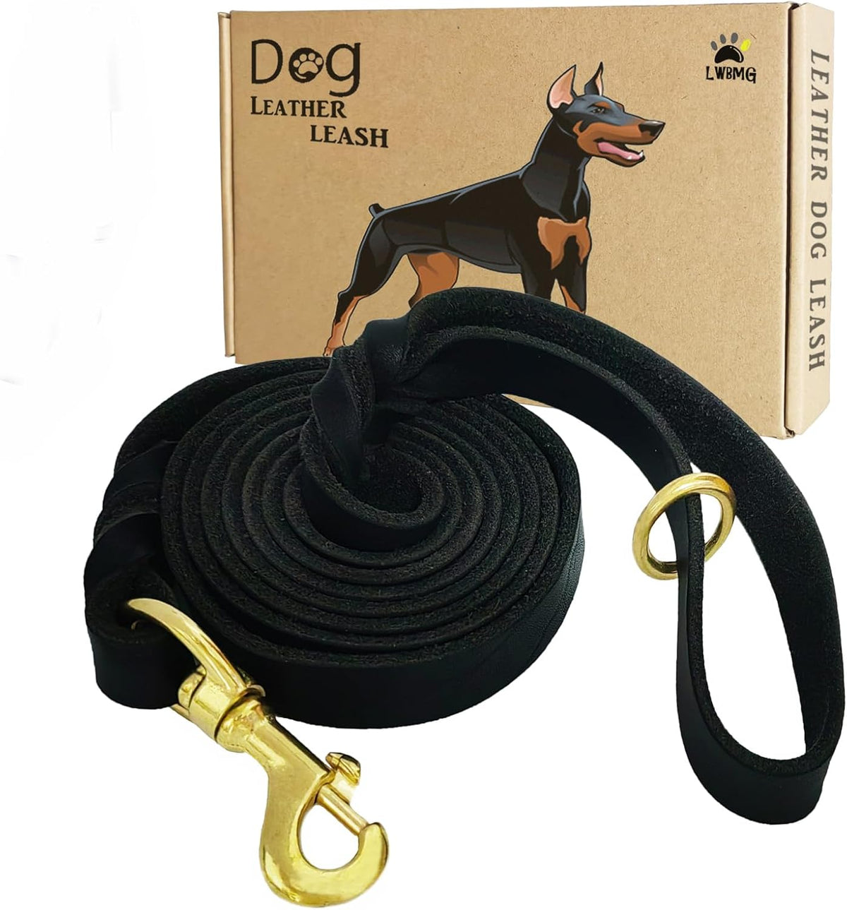 LWBMG authentic imported leather leash packaged and ready for large breed training.
