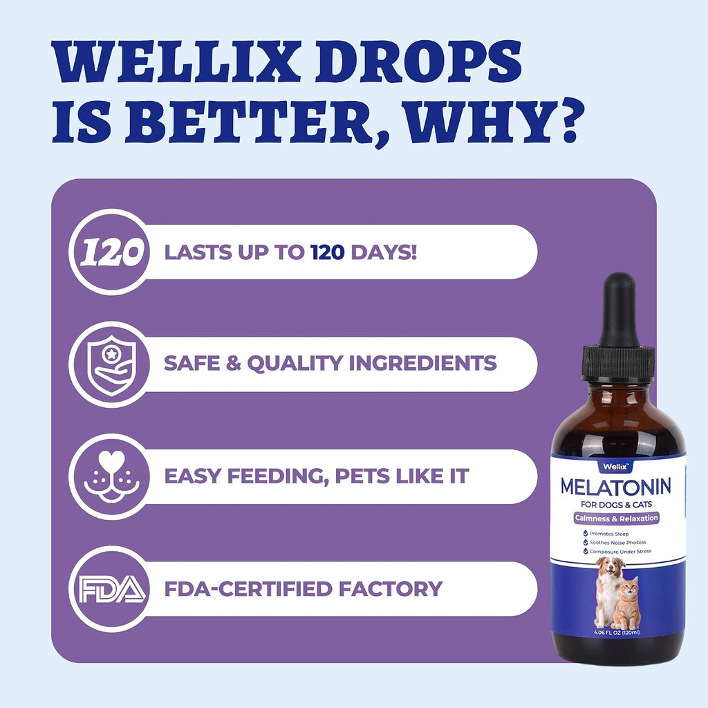 Nutrivio Wellix pet melatonin solution showing the dark amber glass protective bottle design